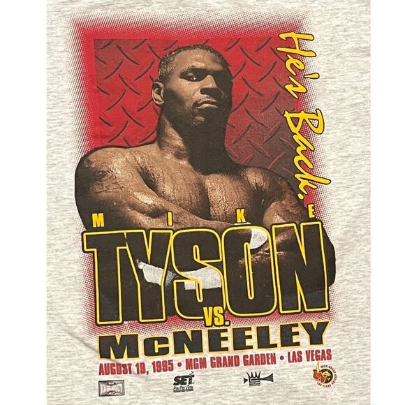 MIKE TYSON vs MCNEELEY “He’s Back’ T-Shirt MGM Grand K.O. Wear Vintage 1995 Sz L - Picture 2 of 8